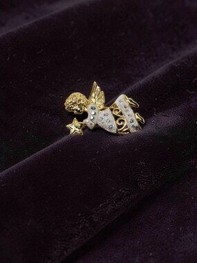 Vintage Angel Pin 5995 With Star Sparking AB Glitter Enamel & Rhinestone Brooch